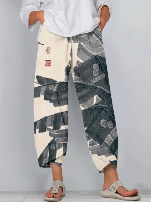 Comstylish Palm Leaves Japanese Art Cropped Casual Pants