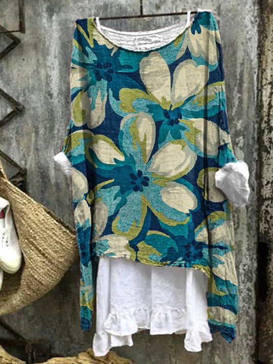 Comstylish Vintage Floral Art Pattern Linen Loose Long Shirt