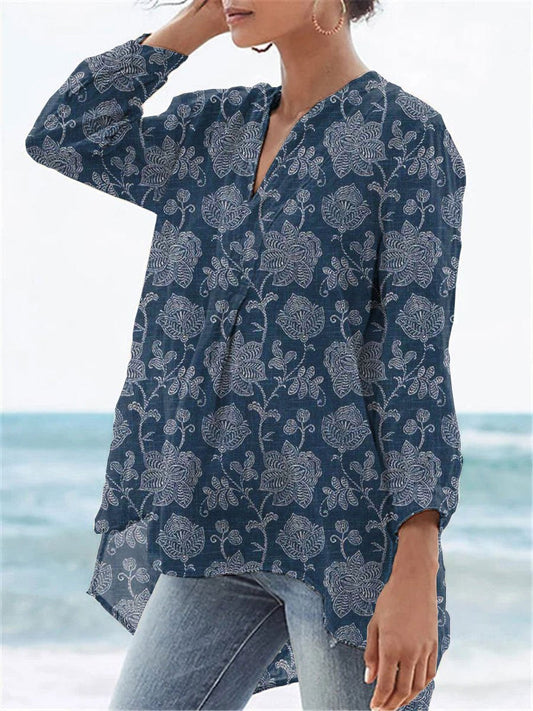 Women's Vintage Floral Art Print Casual Linen V-neck Shirt