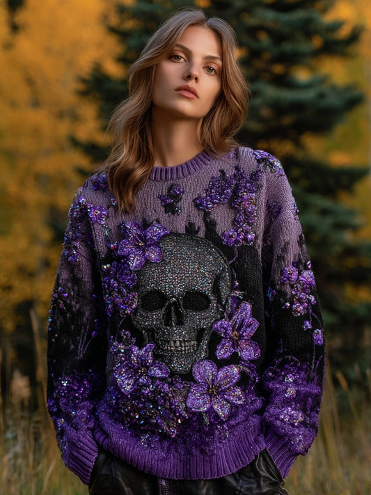 Vintage Glitter Skull & Flowers Embroidered Cozy Knit Sweater elevenforest