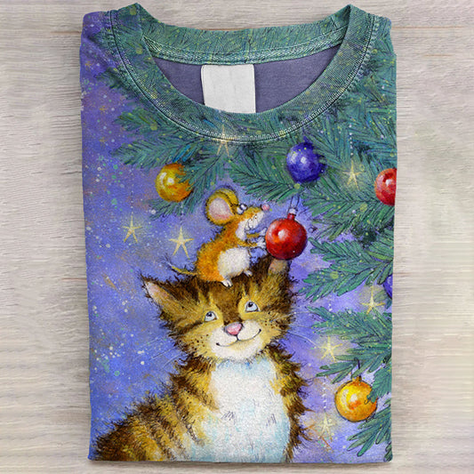 Women's Funny Christmas Cat With Mouse Art Print Casaul Short Sleeve T-shirt elevenforest