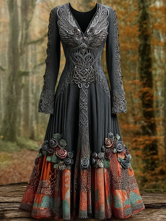 Comstylish Halloween Raven & Celtic Knot Art Women's V-neck Long-sleeve Maxi Dress