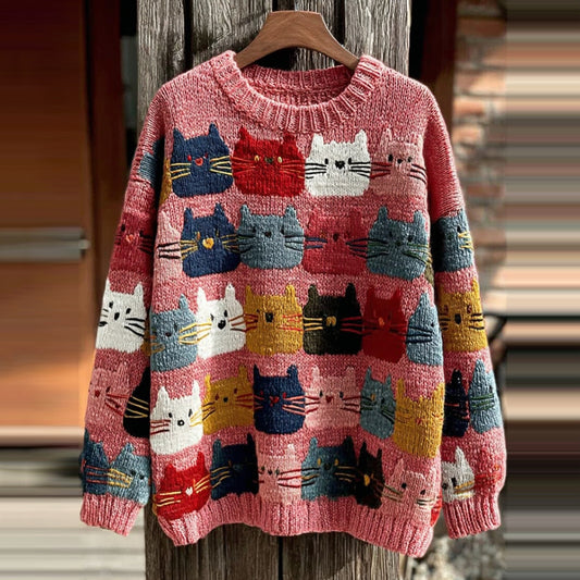 Comstylish Women's Colorful Cats Pattern Art Cozy Knit Sweater
