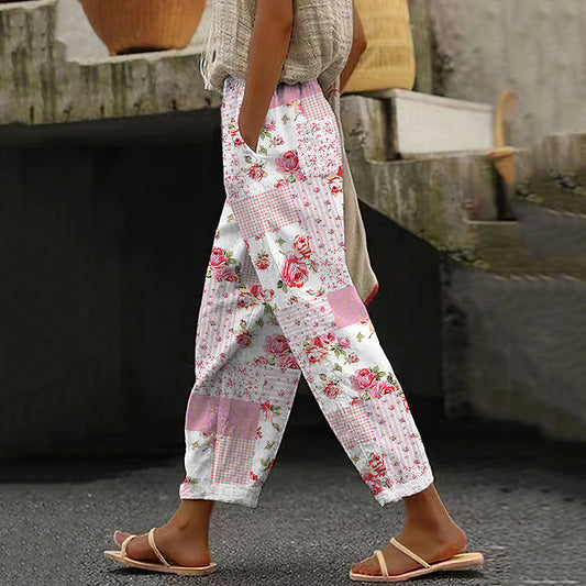 Vintage Rose Art Pocket Cotton Linen Pants artswardrobe