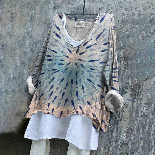 Fish Art Pattern Linen Blend Tunic artswardrobe