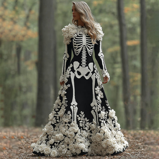 Comstylish Women's Vintage Halloween Skeleton Bones With Rose Art Cozy Knitted Warm Long Sleeve Maxi Dress