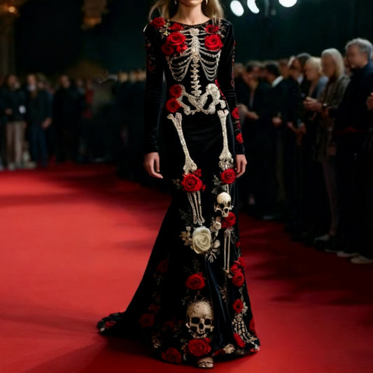 Comstylish Women's Halloween Rose Skull Velvet Round Neck Maxi Dress