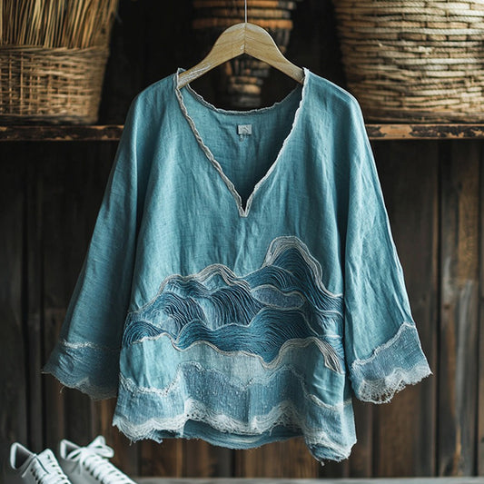 Comstylish Vintage Waves Embroidery Japanese Art Linen Blend Cozy Tunic