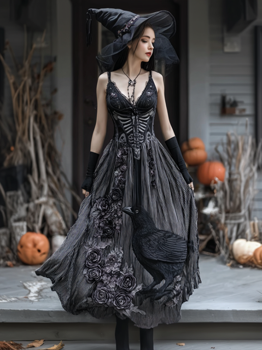 Comstylish Halloween Dark Crow Witch Design Women Cotton And Linen Dress