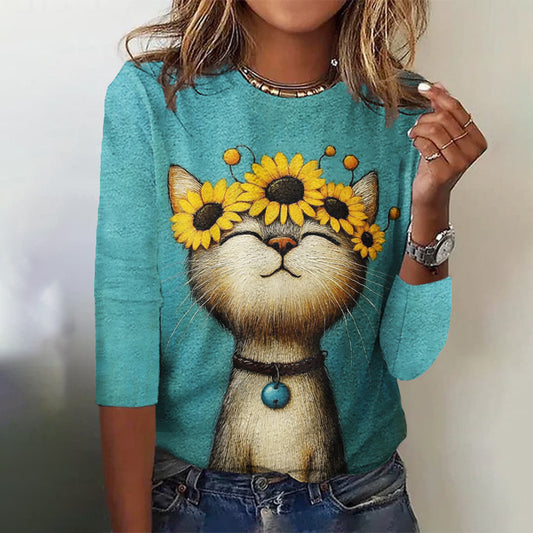 Comstylish Women's Retro Pop Art Cat Long Sleeve Top