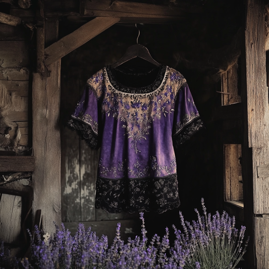 Bohemian Lavender Embroidery Gradient Patchwork Art Linen Short Sleeve T-shirt artswardrobe