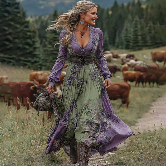 Vintage Purple Floral Patchwork Linen V Neck Maxi Dress artswardrobe