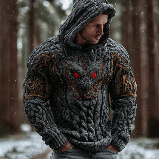 Halloween Red Eye Bat Men's Chunky Knit Hooded Sweater elevenforest