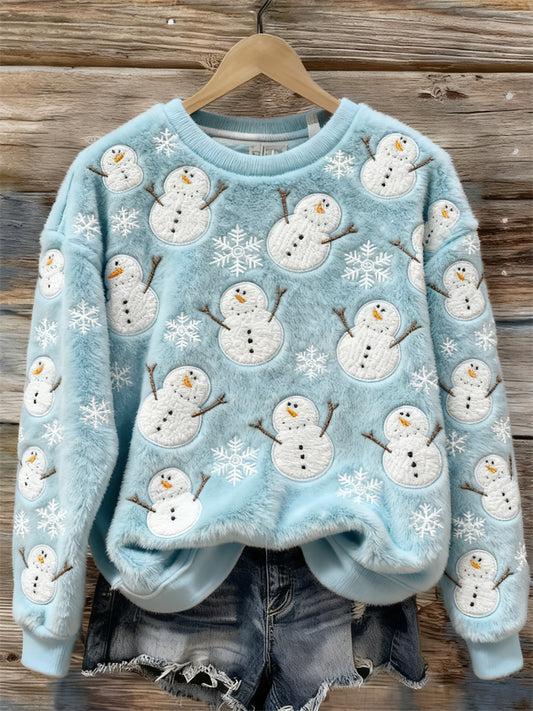 Comstylish Lovely Snowmen & Snowflakes Fleece Embroidered Cozy Plush Sweatshirt