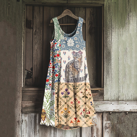 Comstylish Vintage Patchwork Cute Cat And Floral Art Linen Tank Dress