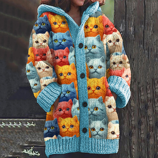 Comstylish Vintage Cozy Family Cat Art Women's Sweater Hooded Cardigan