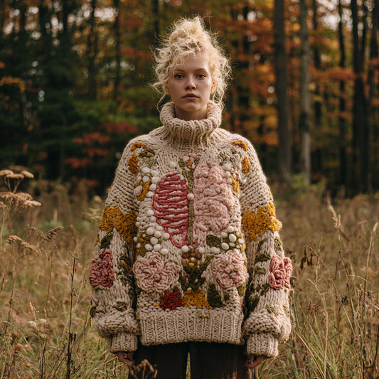 Women's Human Organ And Floral Embroidery Art Cozy Knit Turtleneck Sweater elevenforest