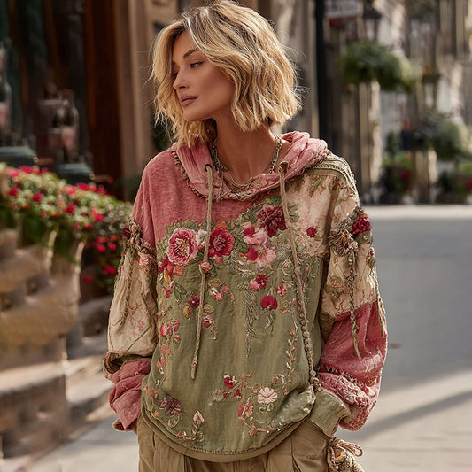 Comstylish Women's Vintage Floral Embroidery Art Casual Hoodie