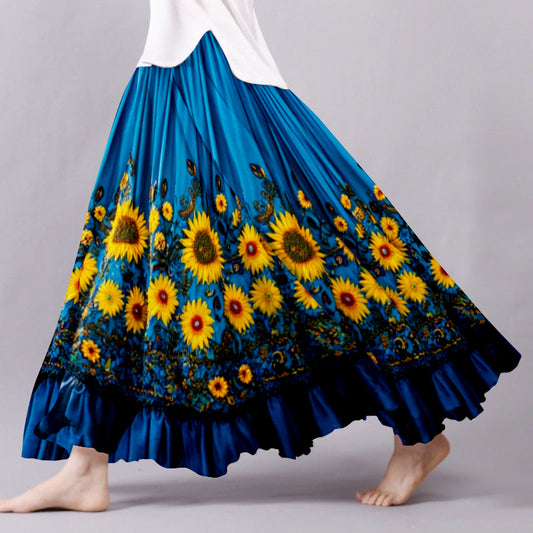 Vintage Sunflower Embroidered Pattern Flowy Wide Skirt artswardrobe