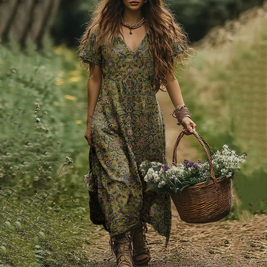 Women's Bohemian Ethnic Totem Linen Dress artswardrobe