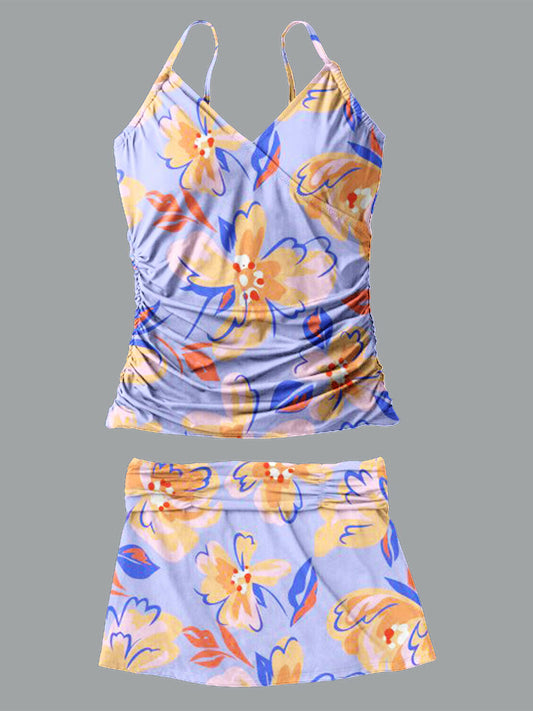 V-Neck Vintage Color Floral Print Suspender Skirt Tankini Pantskirt Set Swimsuit
