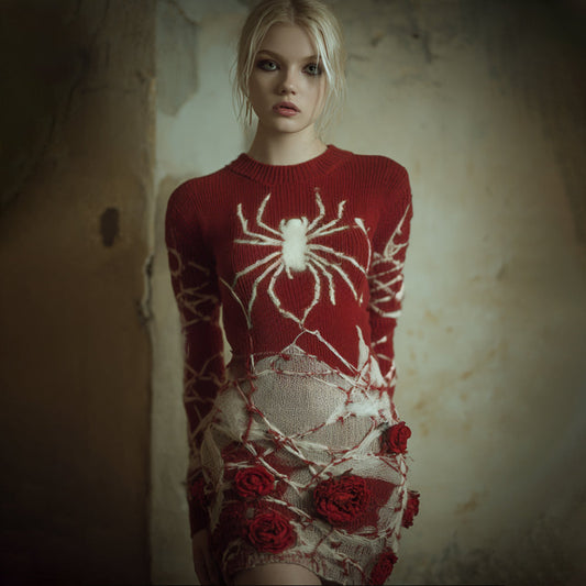 Women Halloween Spider And Flower Color Blocked Ancient Knitted Dress artswardrobe