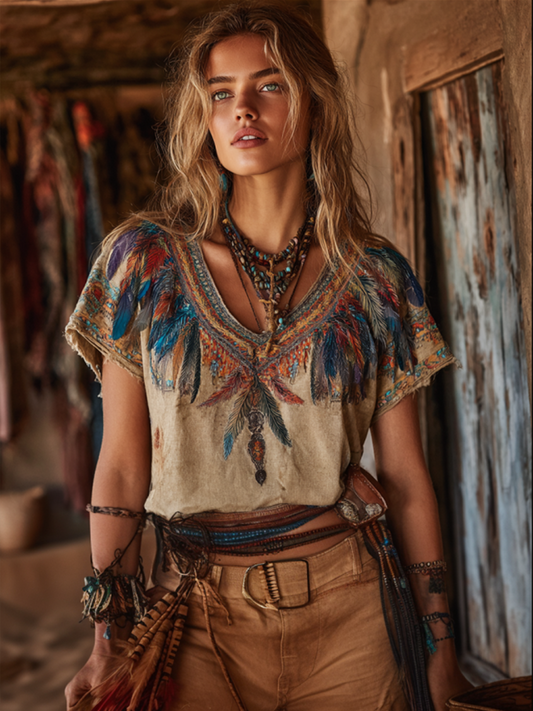 Bohemian Style And Feather Elements Combined With Retro Cotton And Linen V-neck T-shirt artswardrobe