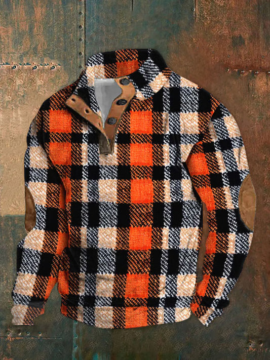 Men's Retro Autumn Plaid Print Standing Collar Button Casual Sweatshirt artswardrobe