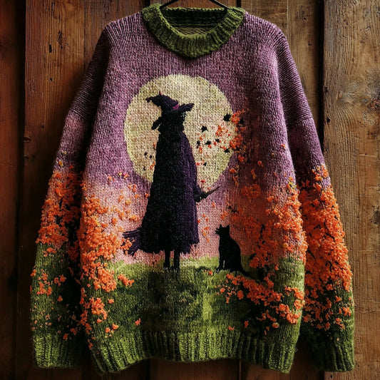 Halloween Witch And Black Cat Pattern Knitted Warm Sweater elevenforest