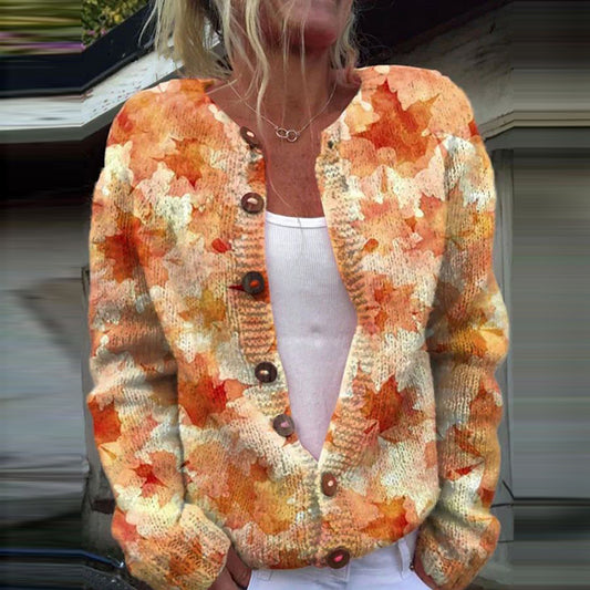 Autumn Maple Leaf Print Long Sleeved Knitted Cardigan artswardrobe