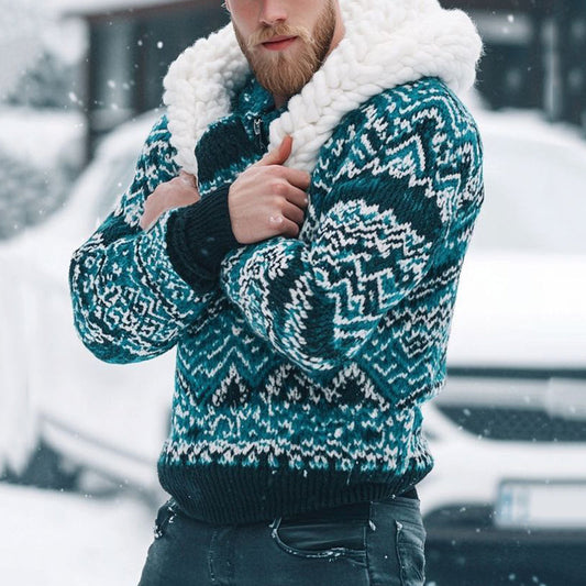 Men's Vintage Fairman Island Jacquard Warmth Pattern  Zip Up Collar Sweatshirt elevenforest