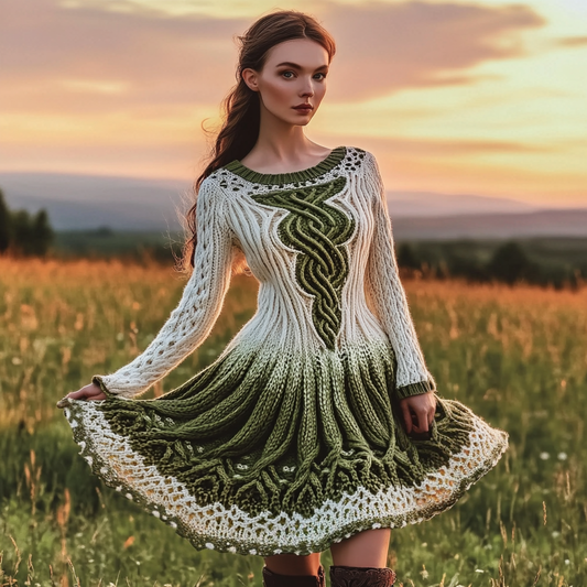 Women's Irish Celtic Knot Gradient Jacquard Knit Sweater Dress elevenforest