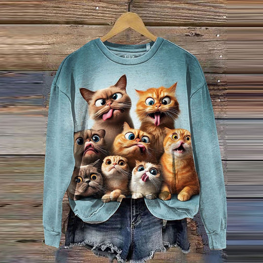 Comstylish Fun Cat Print Crew Neck Casual Sweatshirt