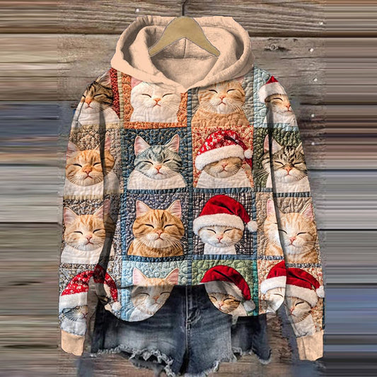 Christmas Cat Print Long Sleeve Casual Hoodie elevenforest