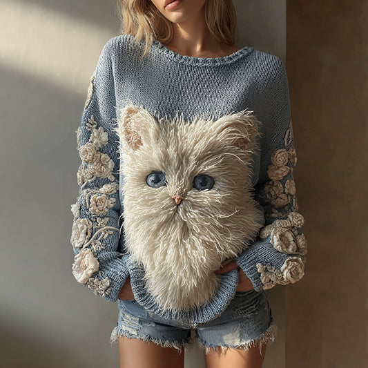 Comstylish Women's Cute Cat With Floral Art Knitted Warm Sweater
