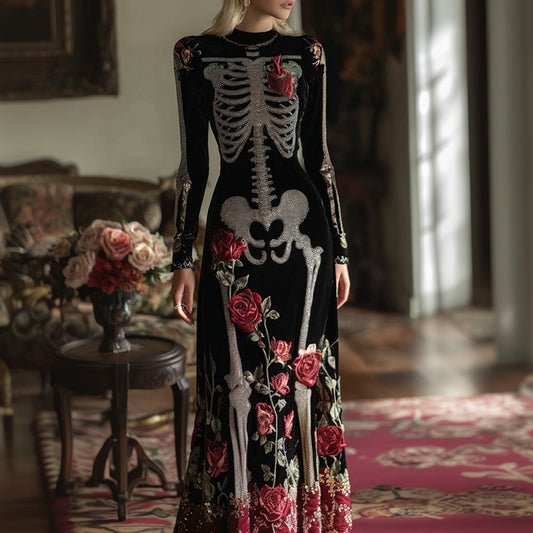 Comstylish Women's Classic Human Anatomy Red Rose Velvet Round Neck Maxi Dress