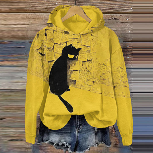 Retro Cute Black Cat Pattern Casual Hoodie elevenforest