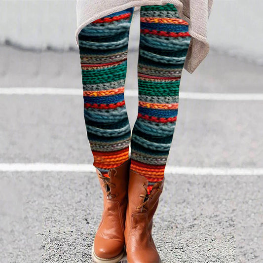 Vintage Rainbow Striped Knit Patchwork Pattern Comfy Leggings elevenforest