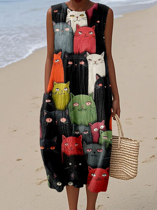 Cute Crowded Cats Graphic Linen Tank Dress artswardrobe