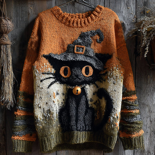 Comstylish Halloween Cute Witch Cats Art Cozy Knit Sweater