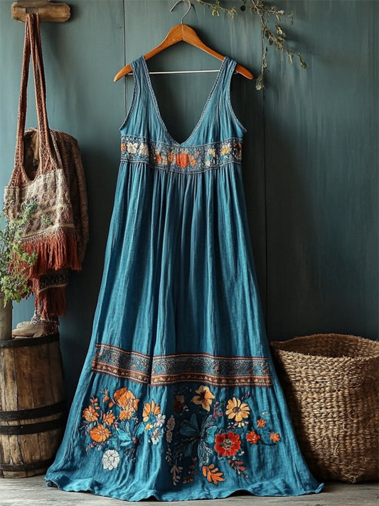 Vintage Boho Floral Embroidered Turquoise Linen Tank Dress artswardrobe