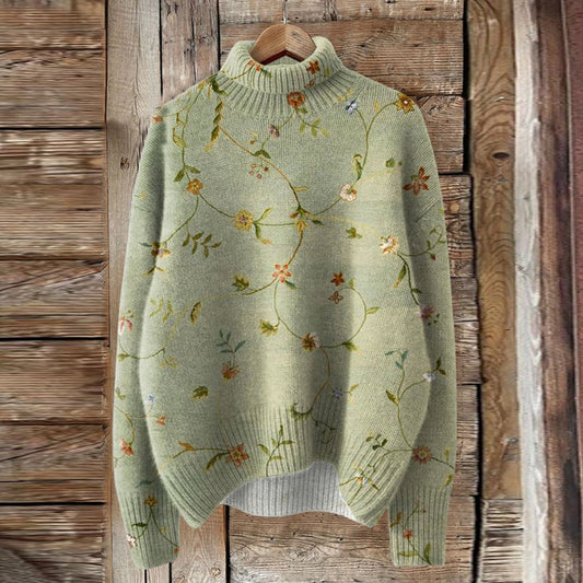 Vintage Lovely Floral Art Print Knit Turtleneck Pullover Sweater elevenforest