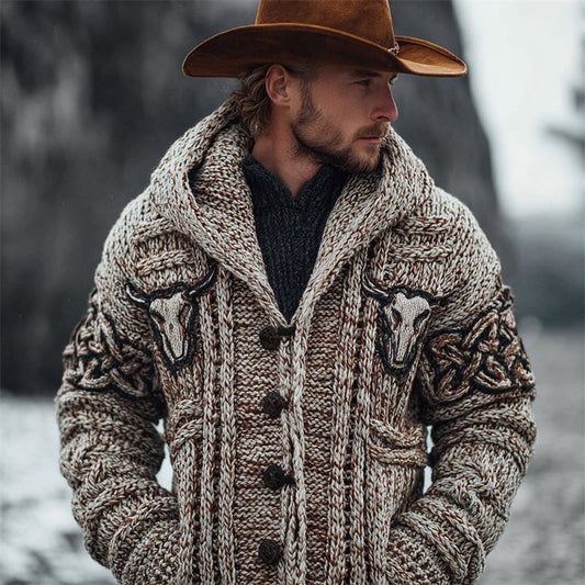 Men's Vintage Bull Skulls Chunky Cozy Knit Hooded Cardigan elevenforest