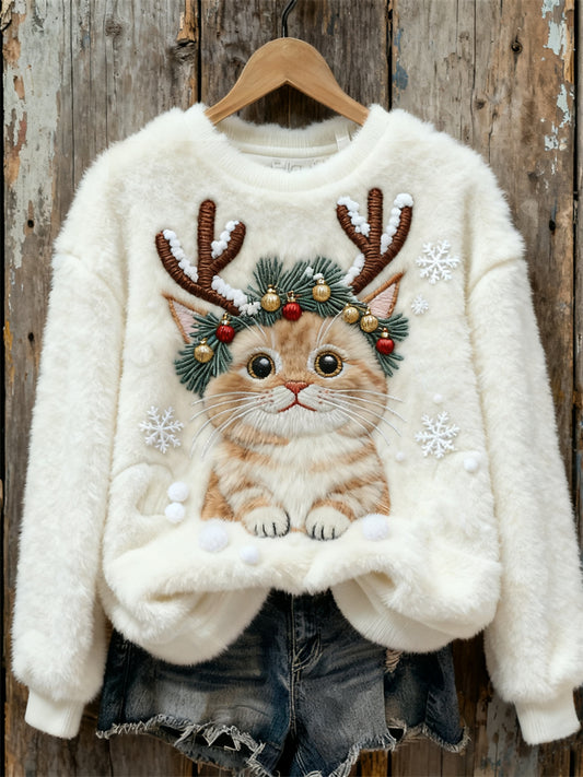 Comstylish Christmas Cat Snowflakes Embroidered Cozy Plush Sweatshirt