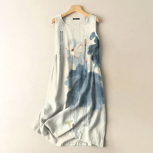 Comstylish Vintage Japanese Ink Lotus Print Sleeveless Cotton And Linen Midi Dress