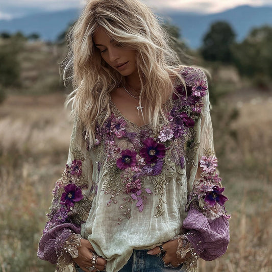 Comstylish Vintage Classy Gradient Pansy Embroidered Art Linen Long Sleeve Blouse