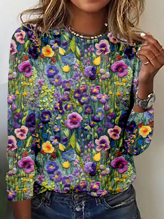 Comstylish Elegant Violet Wildflower Embroidery Art Comfy T Shirt