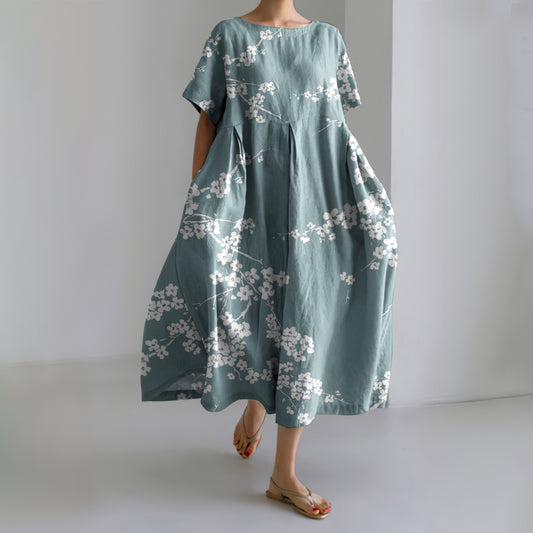 Comstylish Plum Blossom Japanese Art Linen Blend Maxi Dress