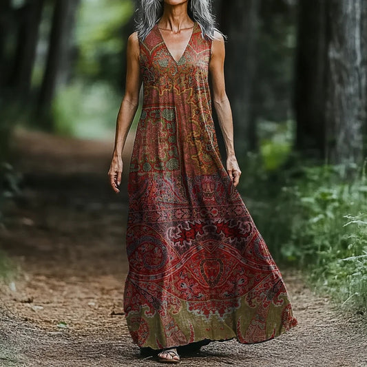 Women's Vintage Western Ethnic Print V-neck Midi Dress artswardrobe