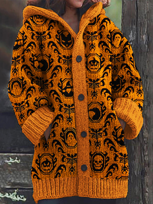 Halloween Elements Gothic Pattern Cozy Knit Hooded Cardigan artswardrobe